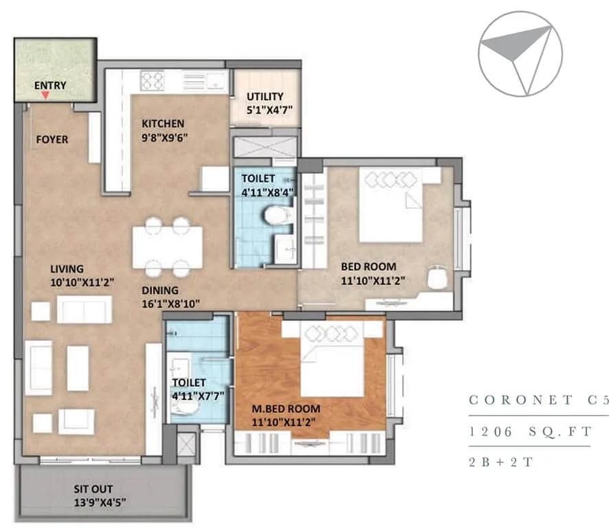 Monarch Aqua 2 BHK floor plan, about 1,206 sq ft
