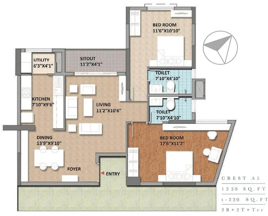 Monarch Aqua 2 BHK floor plan, about 1,259 sq ft
