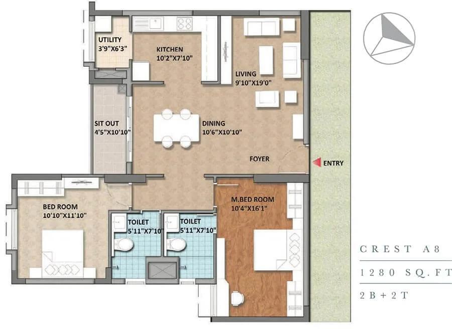 Monarch Aqua 2 BHK floor plan, about 1,280 sq ft