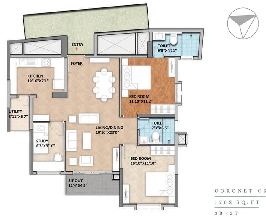 Monarch Aqua 3 BHK floor plan, about 1,262 sq ft