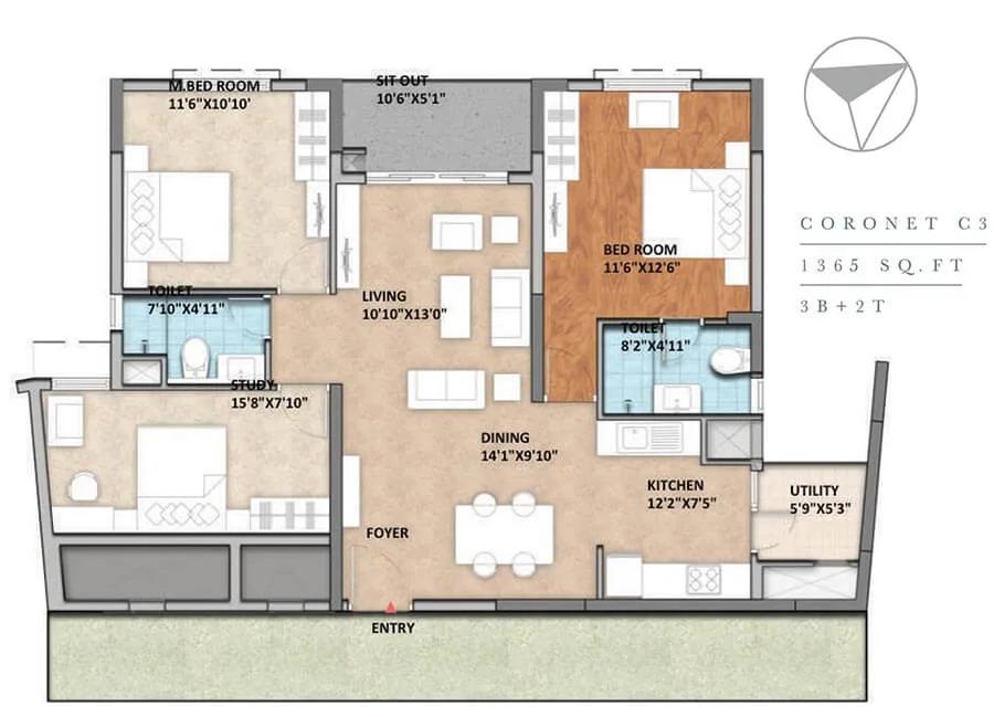 Monarch Aqua 3 BHK floor plan, about 1,365 sq ft