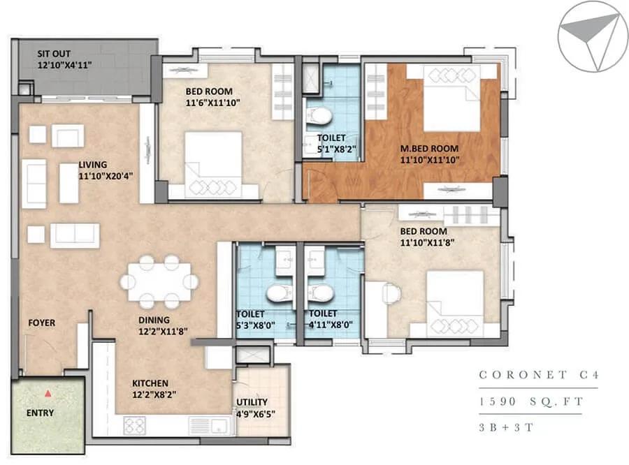 Monarch Aqua 3 BHK floor plan, about 1,590 sq ft