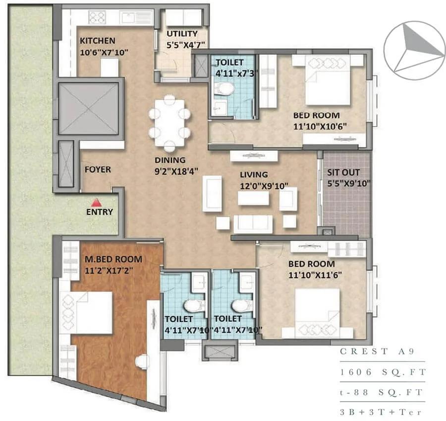 Monarch Aqua 3 BHK floor plan, about 1,606 sq ft