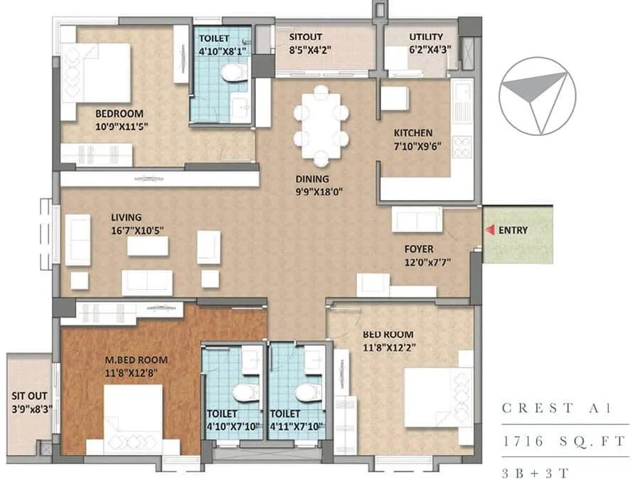 Monarch Aqua 3 BHK floor plan, about 1,716 sq ft