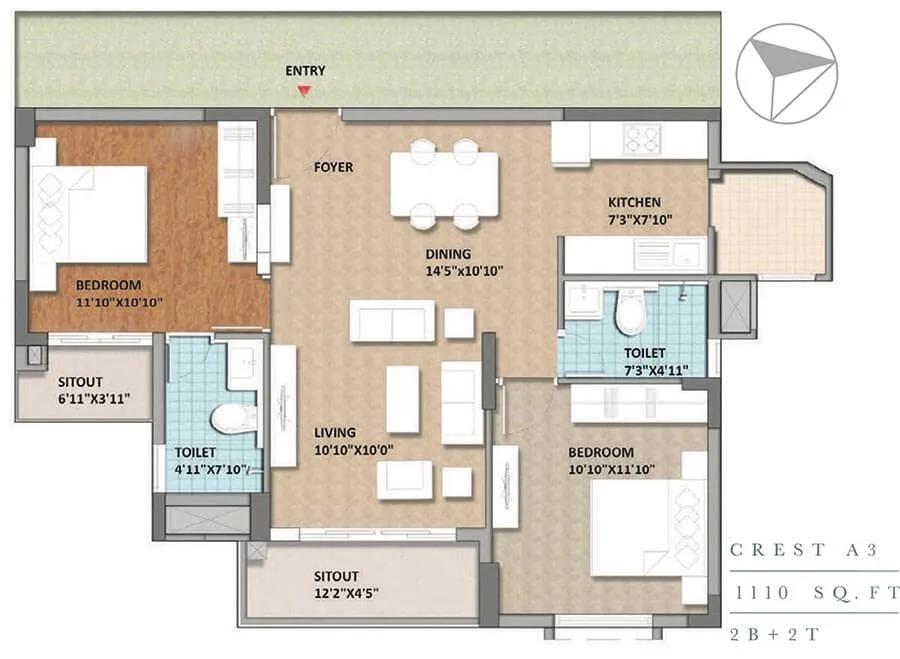 Monarch Aqua 2 BHK floor plan, about 1,110 sq ft