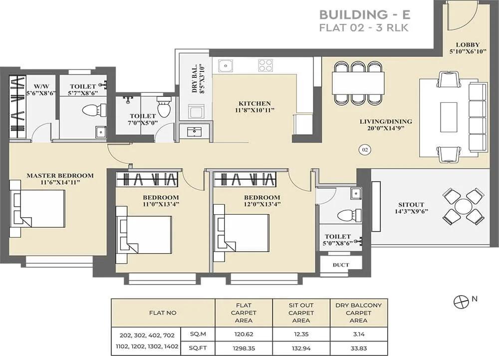 Kolte Patil 24K Sereno 3 BHK floor plan, about 1,298 sq ft