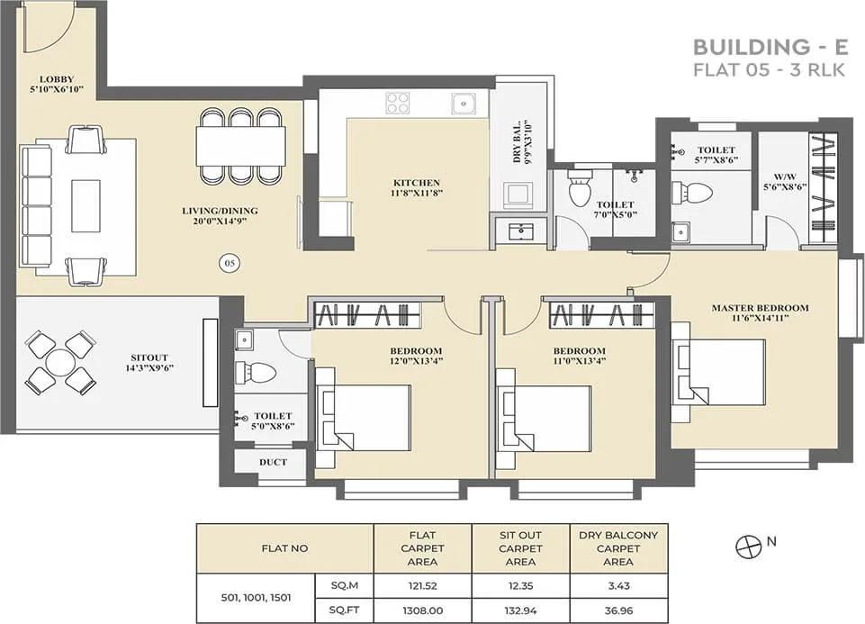 Kolte Patil 24K Sereno 3 BHK floor plan, about 1,308 sq ft