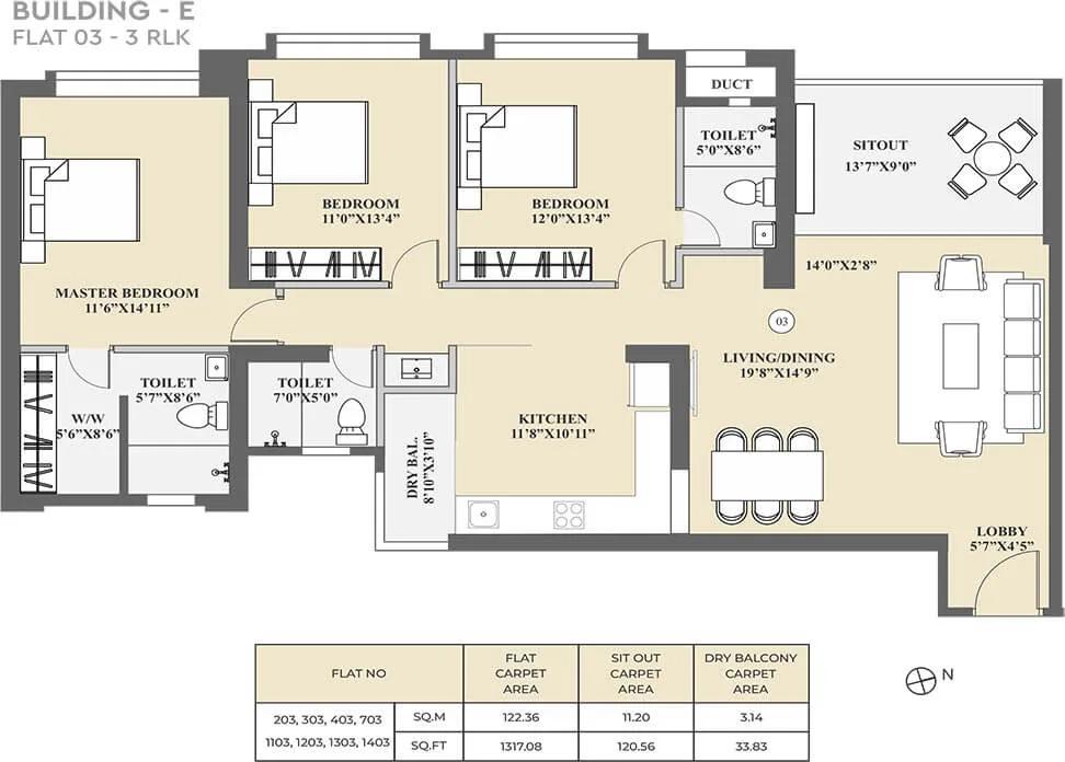 Kolte Patil 24K Sereno 3 BHK floor plan, about 1,317 sq ft