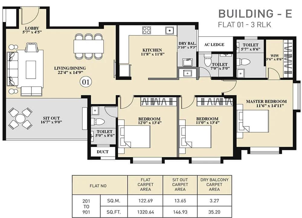 Kolte Patil 24K Sereno 3 BHK floor plan, about 1,320 sq ft
