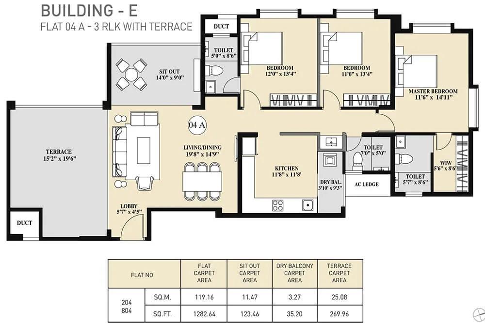 Kolte Patil 24K Sereno 3 BHK floor plan, about 1,282 sq ft