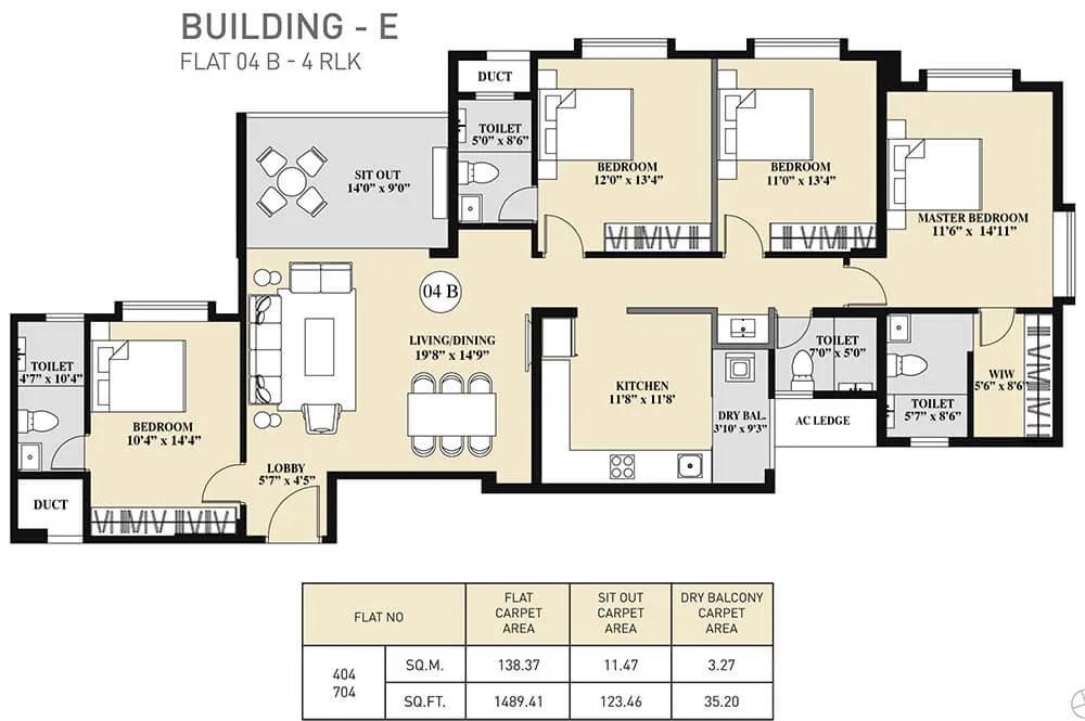 Kolte Patil 24K Sereno 4 BHK floor plan, about 1,489 sq ft