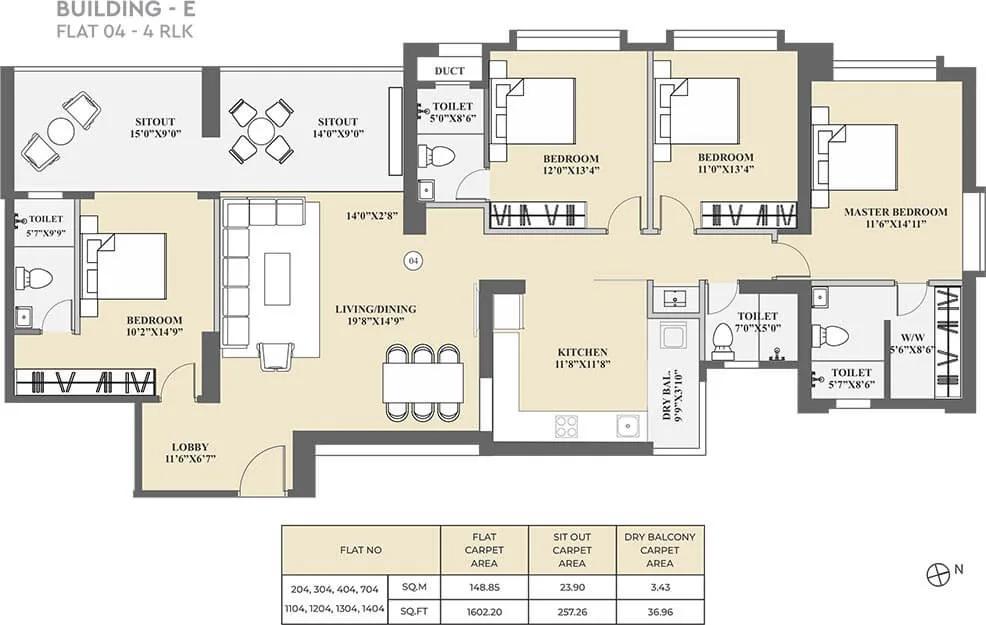 Kolte Patil 24K Sereno 4 BHK floor plan, about 1,602 sq ft