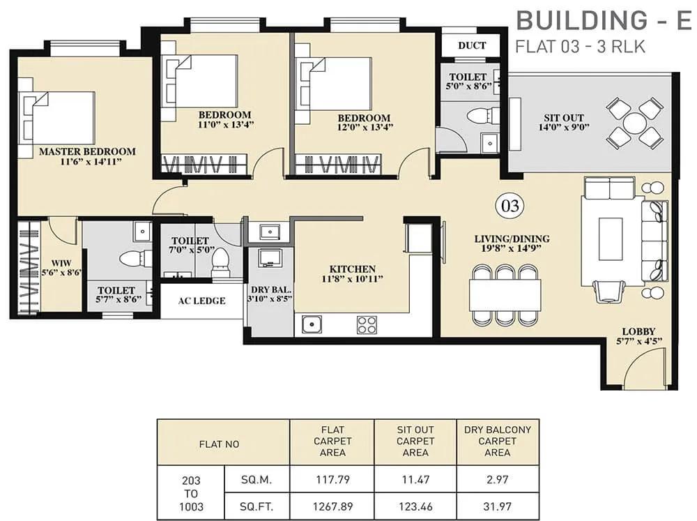 Kolte Patil 24K Sereno 3 BHK floor plan, about 1,267 sq ft