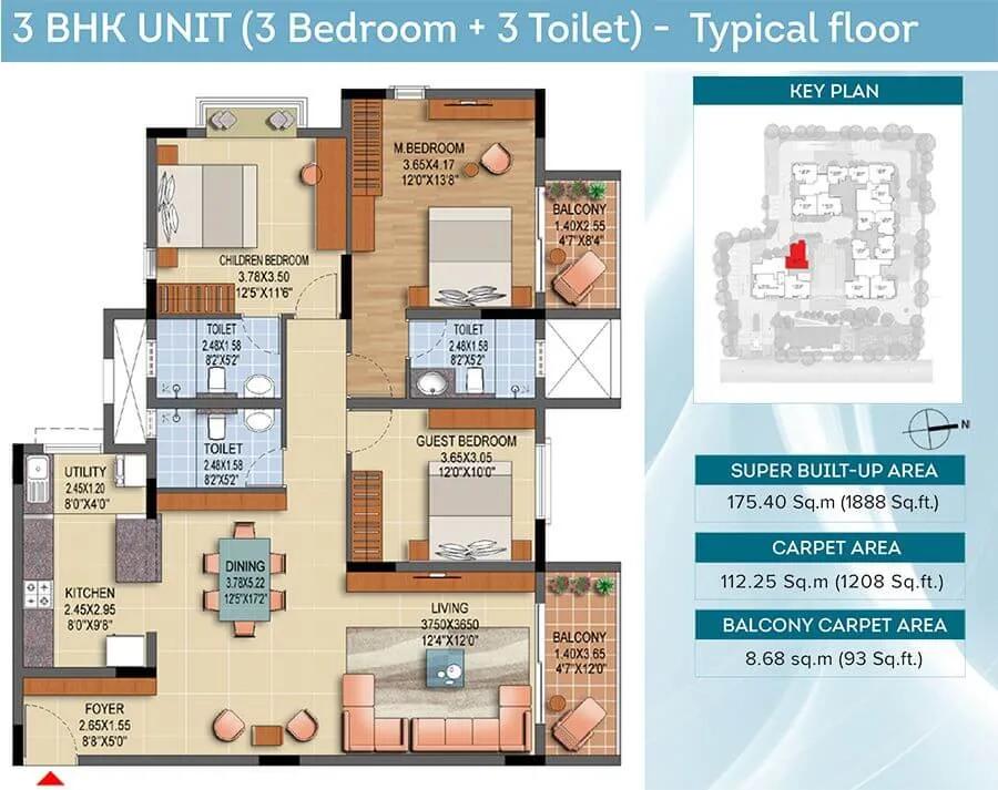 Brigade Laguna 3 BHK floor plan, about 1,888 sq ft
