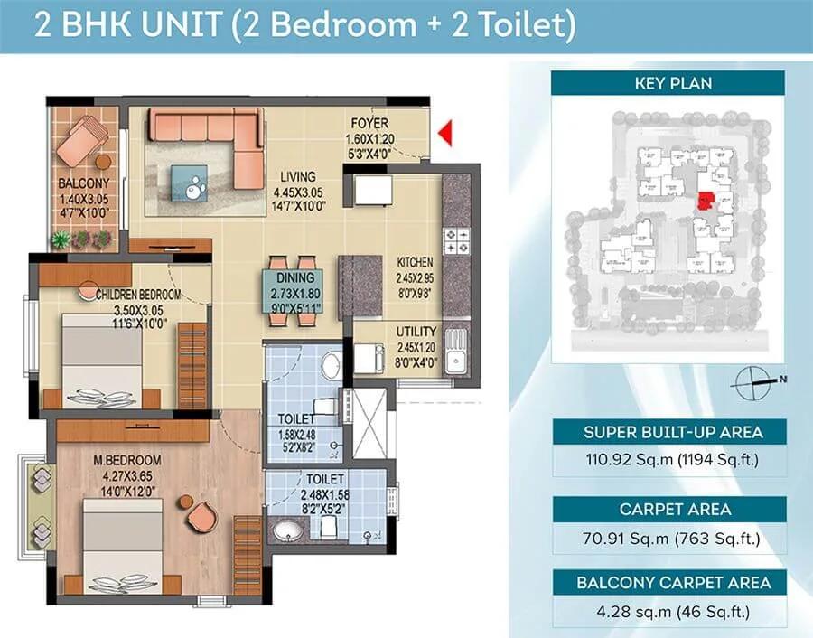 Brigade Laguna 2 BHK floor plan, about 1,194 sq ft