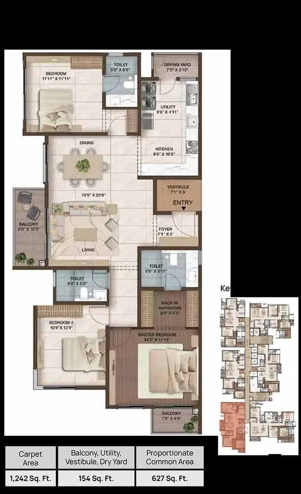 CKPC Heart of Harmony 3 BHK floor plan, about 2,023 sq ft