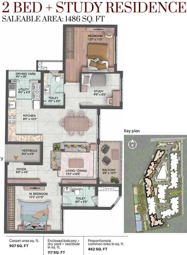 CKPC Winds of Change Apartments 2 BHK floor plan, about 1,486 sq ft