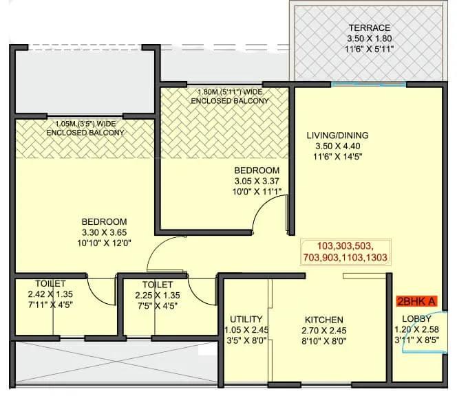 Krisala 41 Estera 2 BHK floor plan, about 673 sq ft