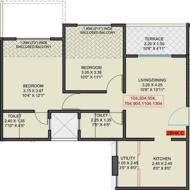 Krisala 41 Estera 2 BHK floor plan, about 659 sq ft