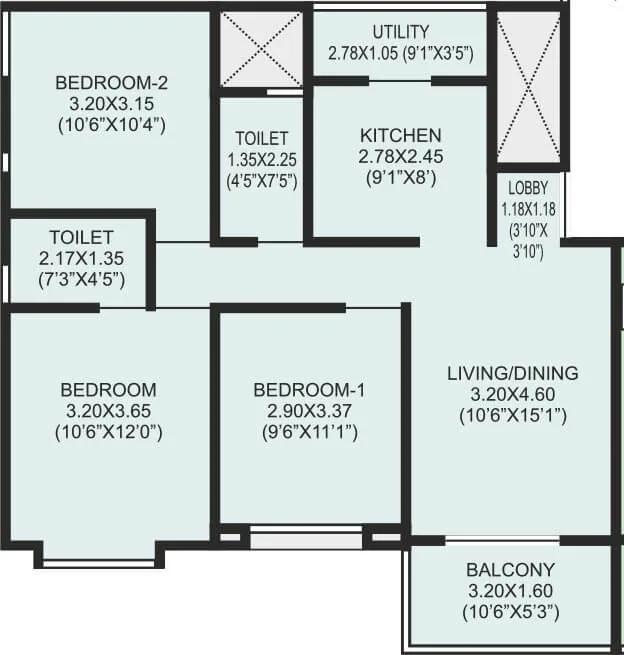 Krisala 41 Estera 3 BHK floor plan, about 825 sq ft