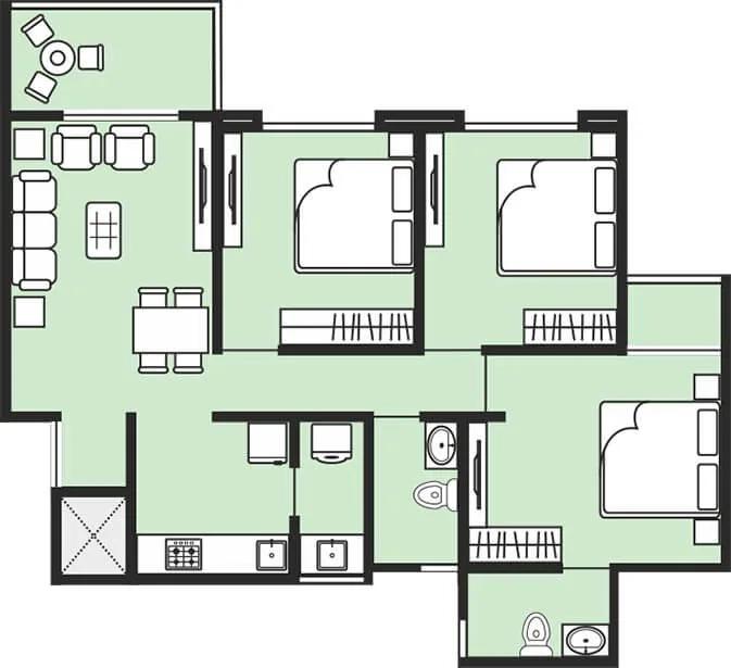 Krisala 41 Estera 3 BHK floor plan, about 849 sq ft
