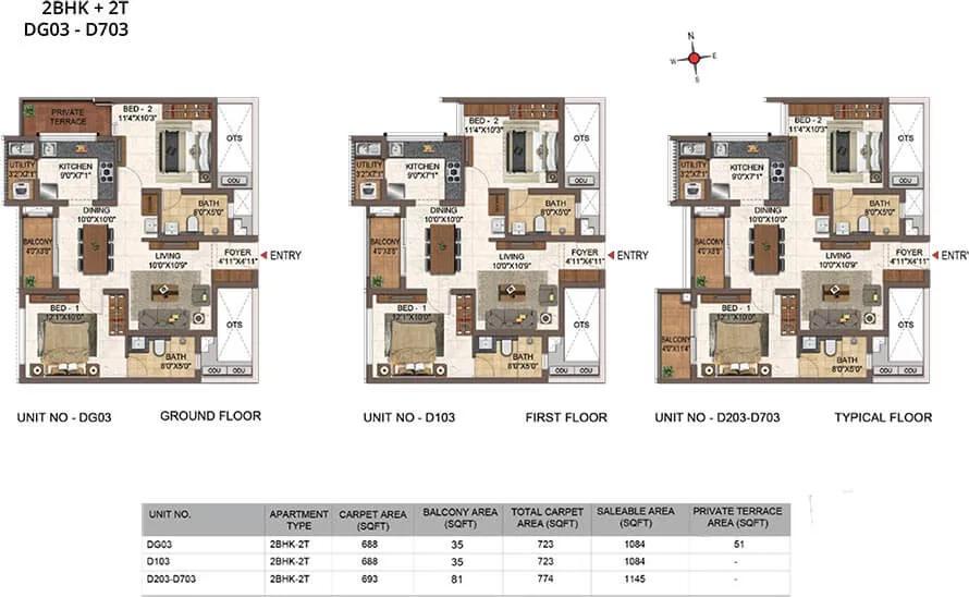 CasaGrand Orlena 2 BHK floor plan, about 1,084 sq ft