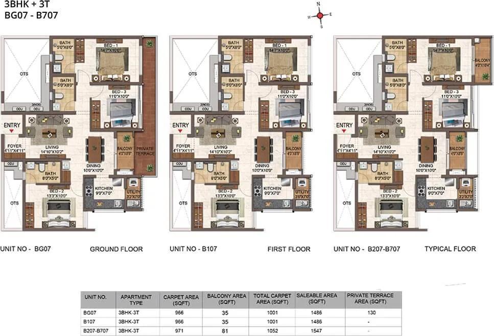 CasaGrand Orlena 3 BHK floor plan, about 1,486 sq ft