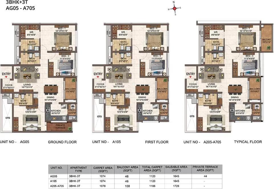 CasaGrand Orlena 3 BHK floor plan, about 1,645 sq ft
