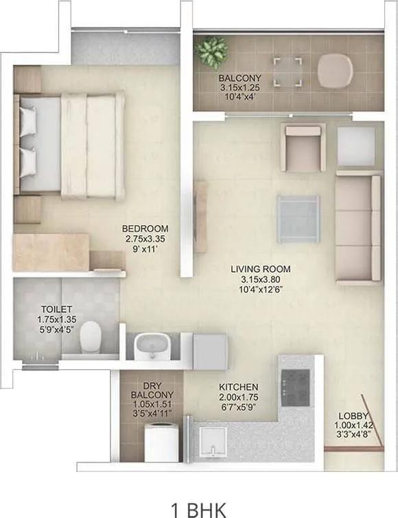Rohan Abhilasha 2 1 BHK floor plan