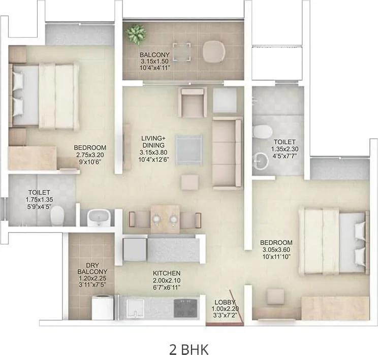 Rohan Abhilasha 2 2 BHK floor plan