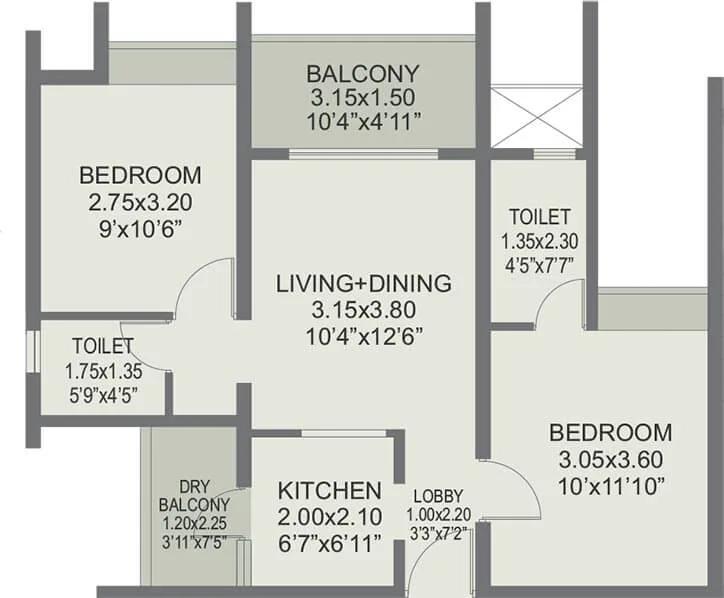 Rohan Abhilasha 2 2 BHK floor plan, about 611 sq ft