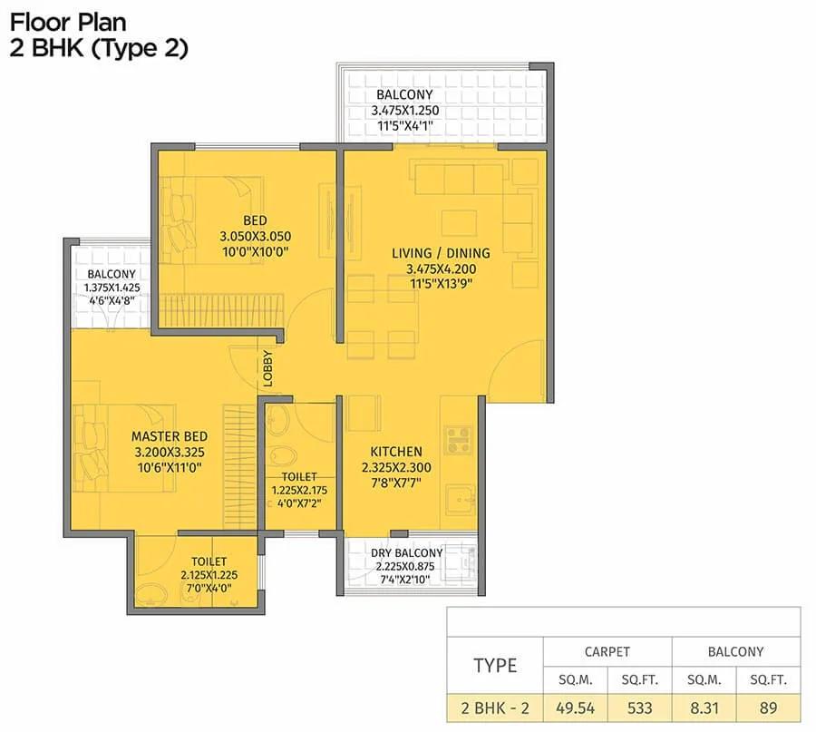 Krisala 41 Evoke 2 BHK floor plan, about 622 sq ft