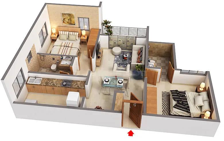 Svamitva Emerald Square 2 BHK floor plan, about 1,027 sq ft