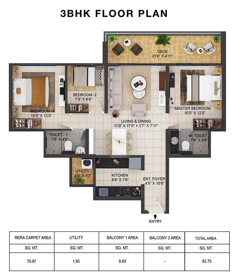 Shapoorji Pallonji Vanaha 3 BHK floor plan, about 890 sq ft