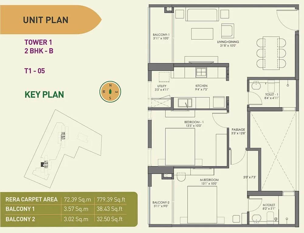 Birla Tisya 2 BHK floor plan, about 779 sq ft