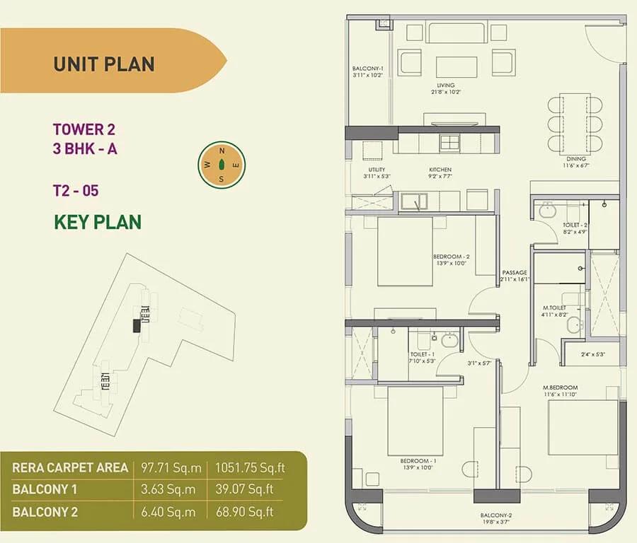 Birla Tisya 3 BHK floor plan, about 1,051 sq ft