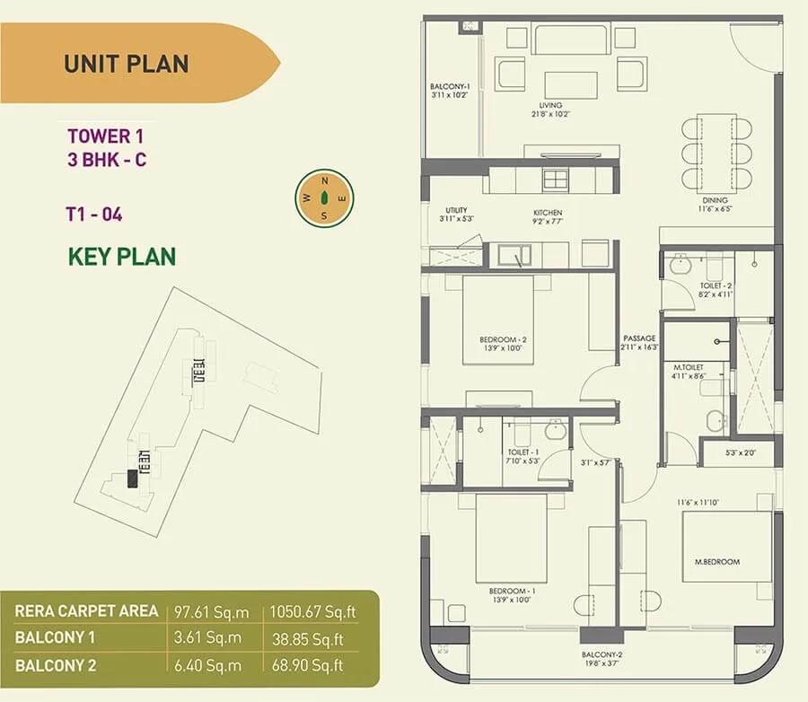 Birla Tisya 3 BHK floor plan, about 1,050 sq ft