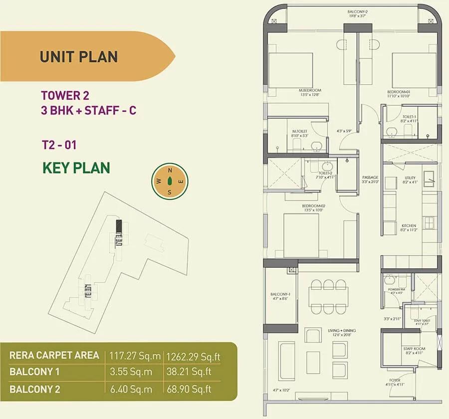 Birla Tisya 3 BHK floor plan, about 1,262 sq ft