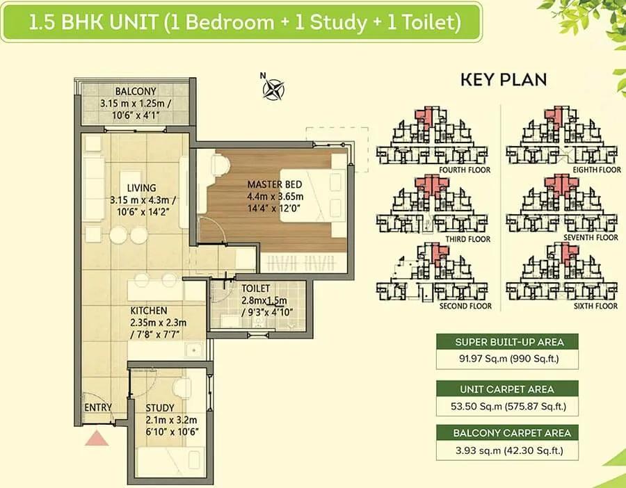 Brigade Orchards Goldspire 1.5 BHK floor plan, about 990 sq ft