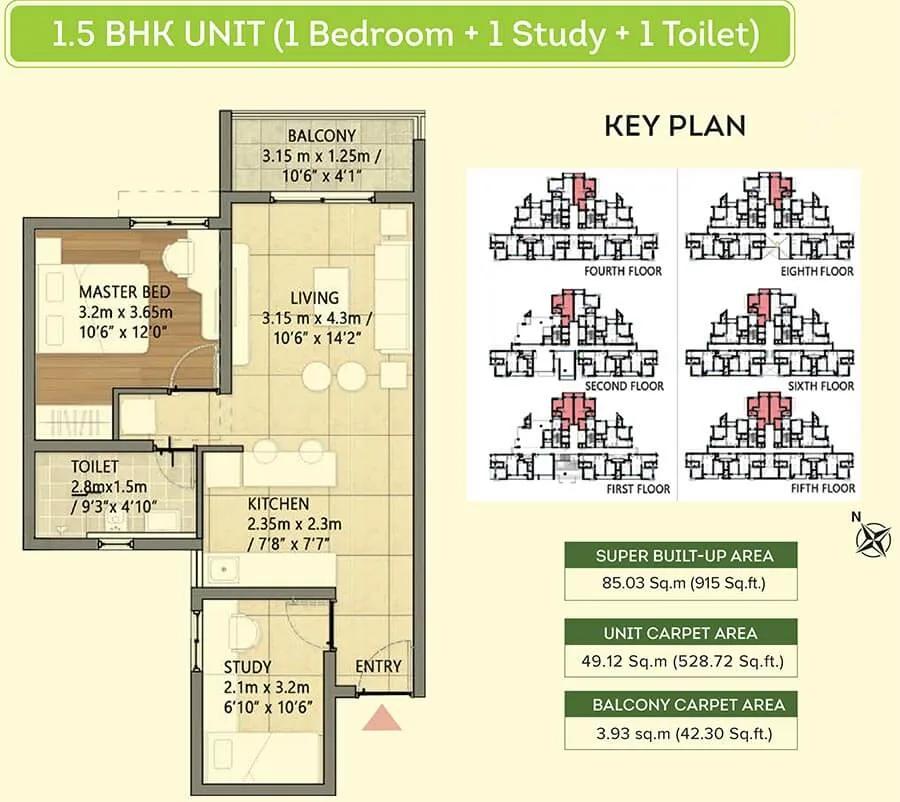 Brigade Orchards Goldspire 1.5 BHK floor plan, about 915 sq ft