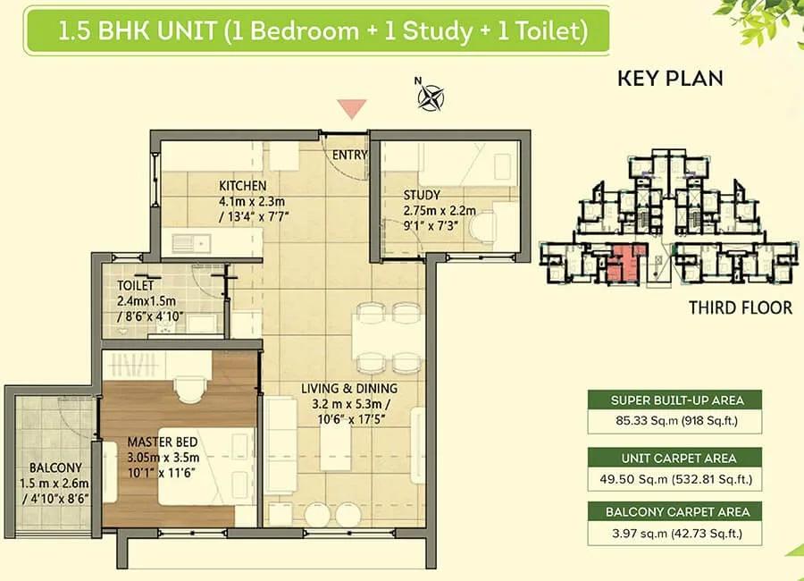 Brigade Orchards Goldspire 1.5 BHK floor plan, about 918 sq ft