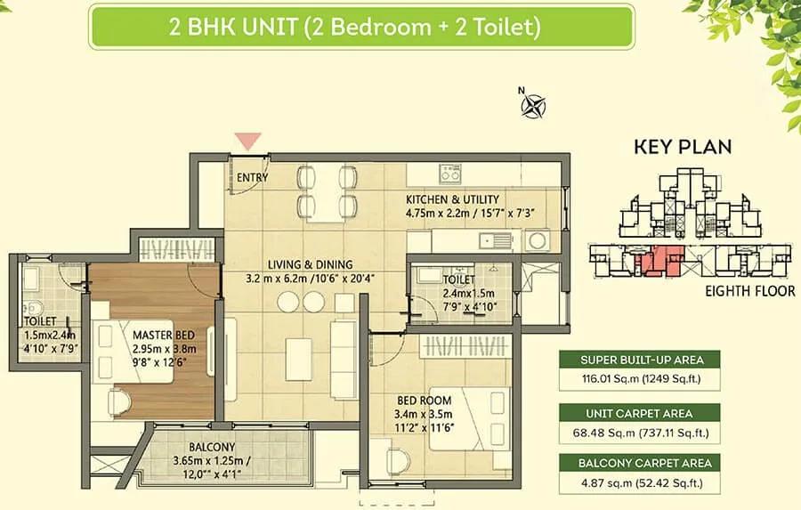 Brigade Orchards Goldspire 2 BHK floor plan, about 1,249 sq ft