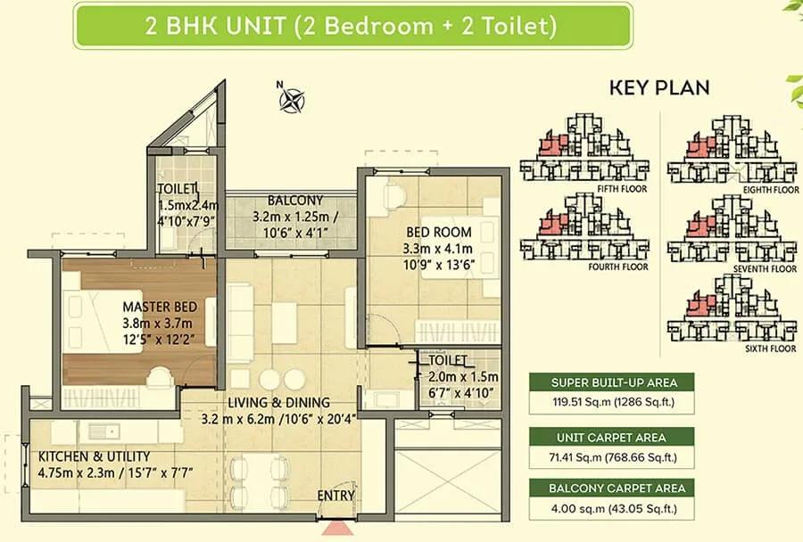 Brigade Orchards Goldspire 2 BHK floor plan, about 1,286 sq ft