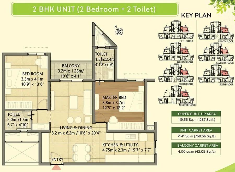 Brigade Orchards Goldspire 2 BHK floor plan, about 1,287 sq ft