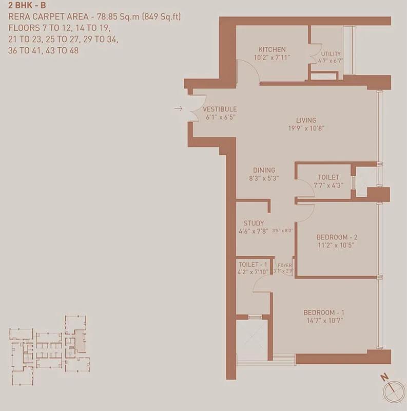 Birla Niyaara 2 BHK floor plan, about 849 sq ft