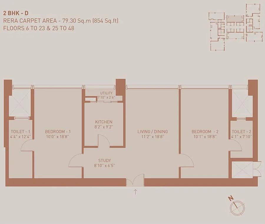 Birla Niyaara 2 BHK floor plan, about 854 sq ft