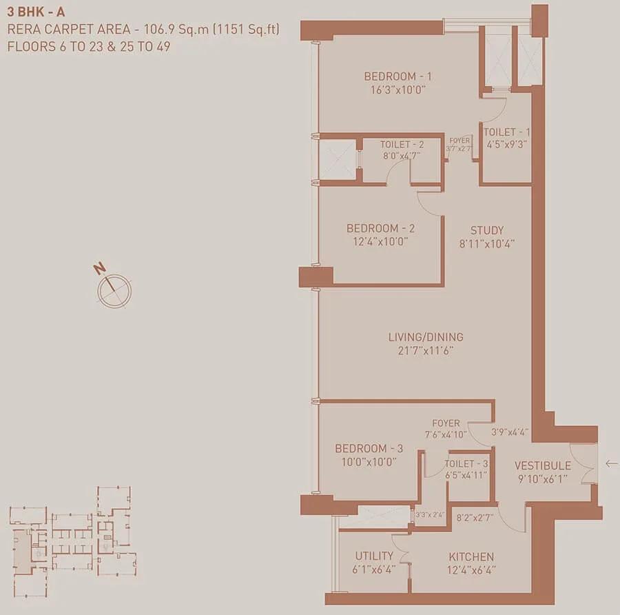 Birla Niyaara 3 BHK floor plan, about 1,151 sq ft