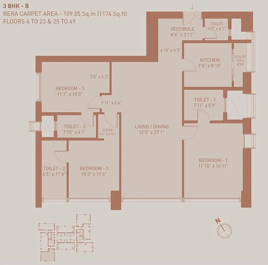 Birla Niyaara 3 BHK floor plan, about 1,174 sq ft