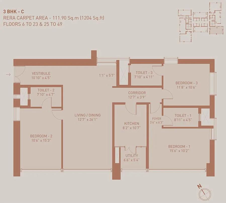 Birla Niyaara 3 BHK floor plan, about 1,204 sq ft