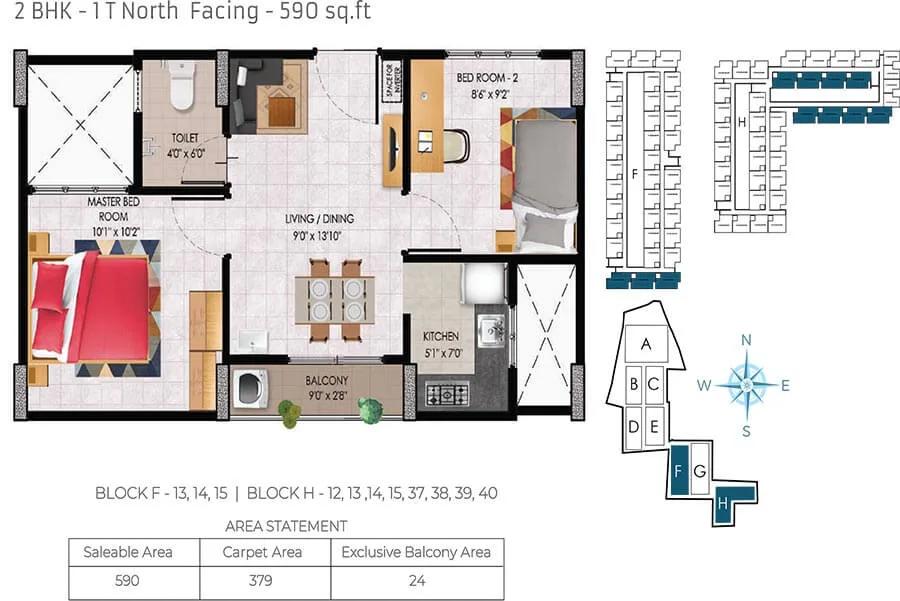 Urbanrise Jubilee Residences 2 BHK floor plan, about 590 sq ft